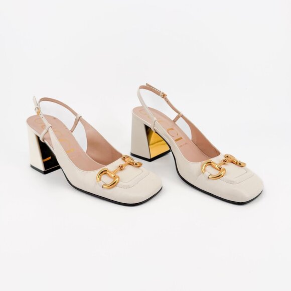 Gucci Baby Horsebit Slingback Pumps Size 39.5 US 9.5 White Block Heel Square Toe